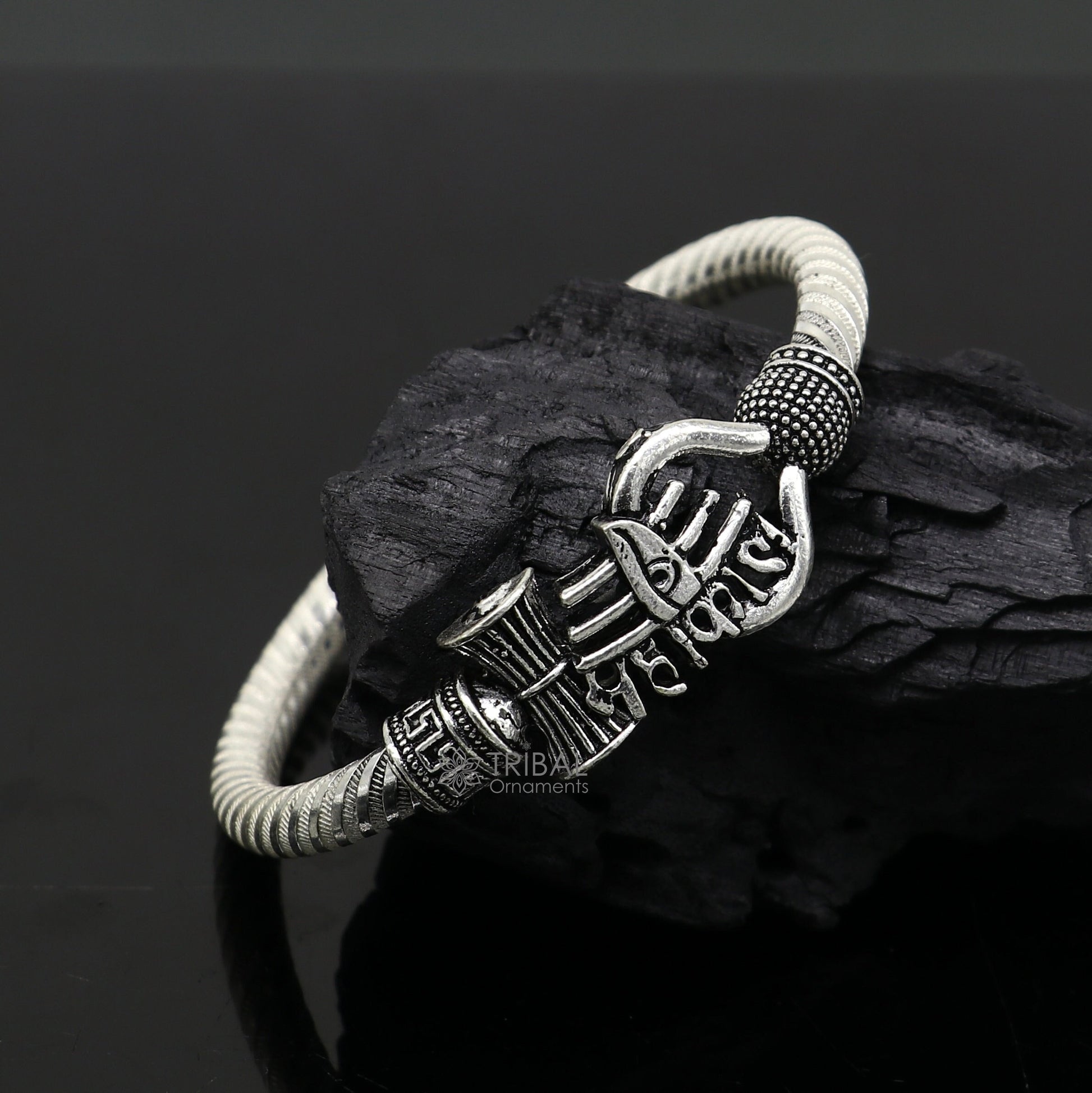 Handmade Sterling silver Lord Shiva Trident Kada Mahakal bracelet, Rudraksh bracelet, customized babhubali bangle kada giftig jewelry nsk696 - TRIBAL ORNAMENTS