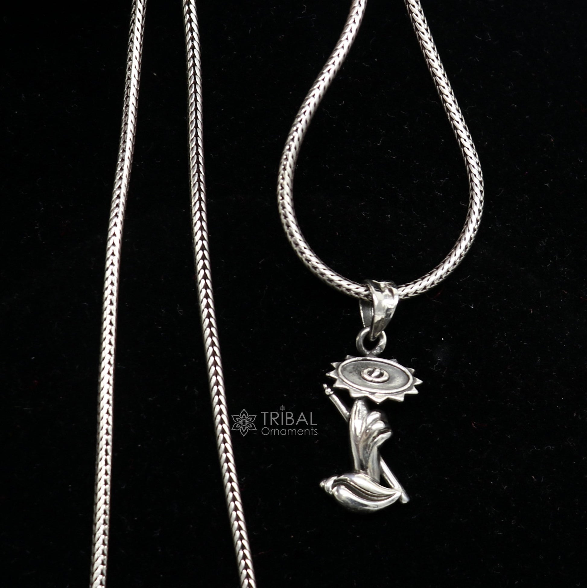 925 sterling silver divine Lord Krishna Sudarshan Chakra flute and Shankh combo pendant, silver unique god pendant necklace jewelry nsp649 - TRIBAL ORNAMENTS