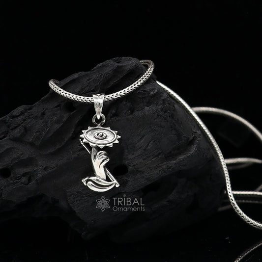 925 sterling silver divine Lord Krishna Sudarshan Chakra flute and Shankh combo pendant, silver unique god pendant necklace jewelry nsp649 - TRIBAL ORNAMENTS