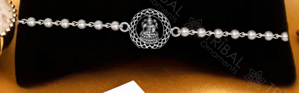 925 sterling silver handmade Goddess laxmi lakshmi design Rakhi bracelet amazing Rudraksha/black/wihte Tulsi beaded bracelet jewelry rk250 - TRIBAL ORNAMENTS