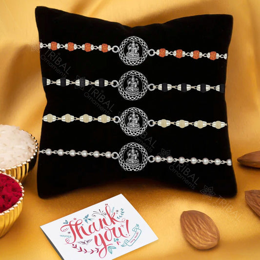 925 sterling silver handmade Goddess laxmi lakshmi design Rakhi bracelet amazing Rudraksha/black/wihte Tulsi beaded bracelet jewelry rk250 - TRIBAL ORNAMENTS