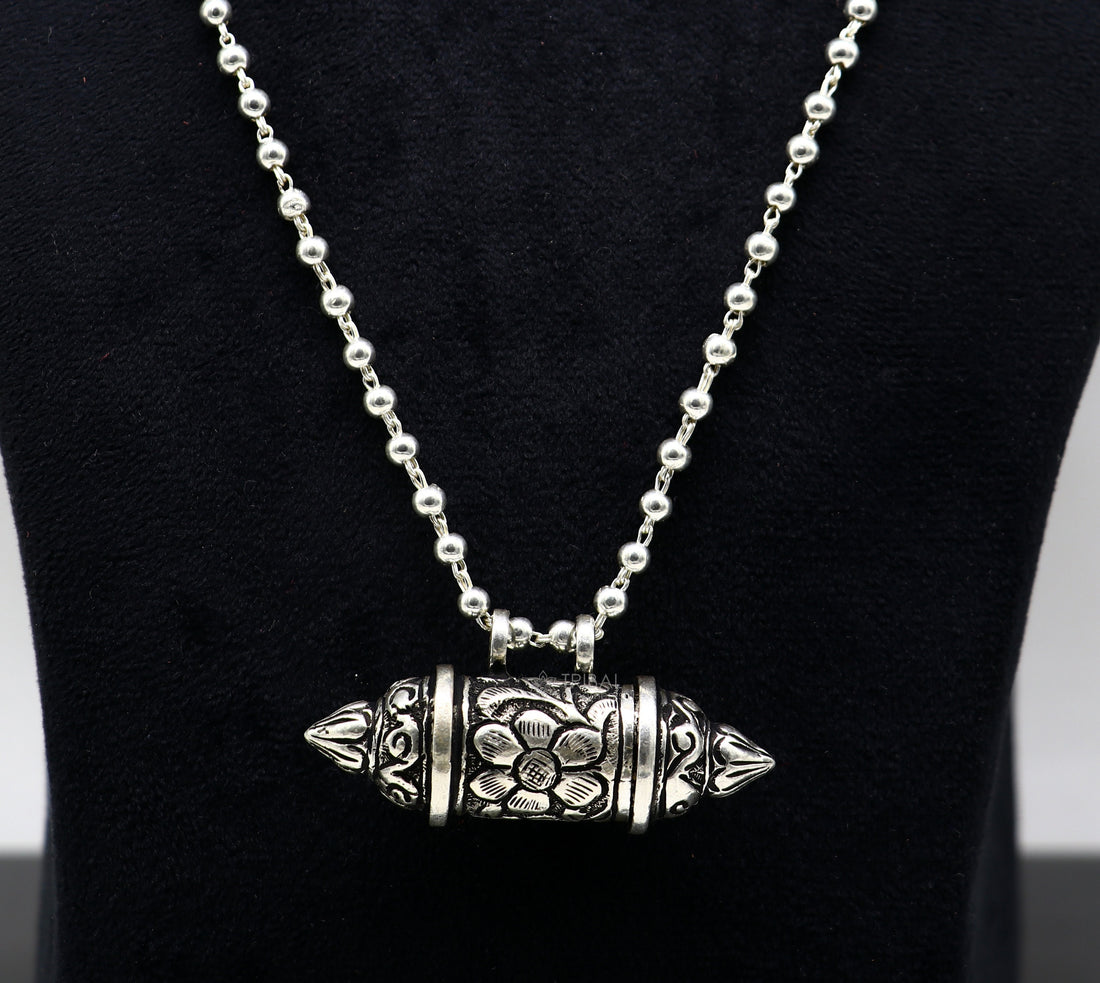 925 Sterling silver handmade vintage design amulet box pendant single line beaded necklace tribal ethnic mantra box pendant jewelry set629 - TRIBAL ORNAMENTS
