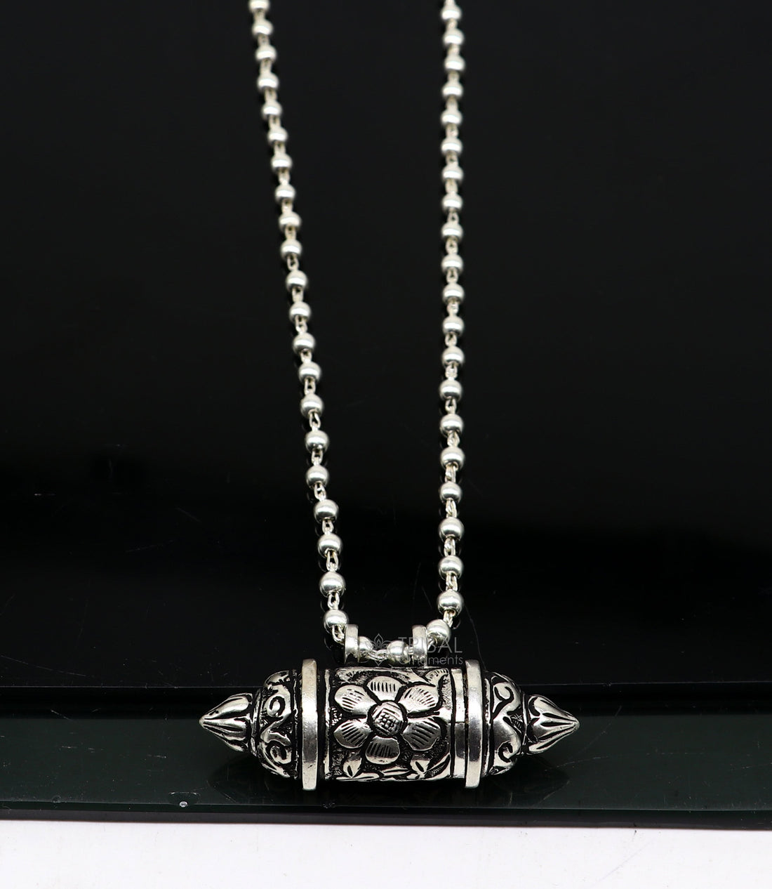 925 Sterling silver handmade vintage design amulet box pendant single line beaded necklace tribal ethnic mantra box pendant jewelry set629 - TRIBAL ORNAMENTS