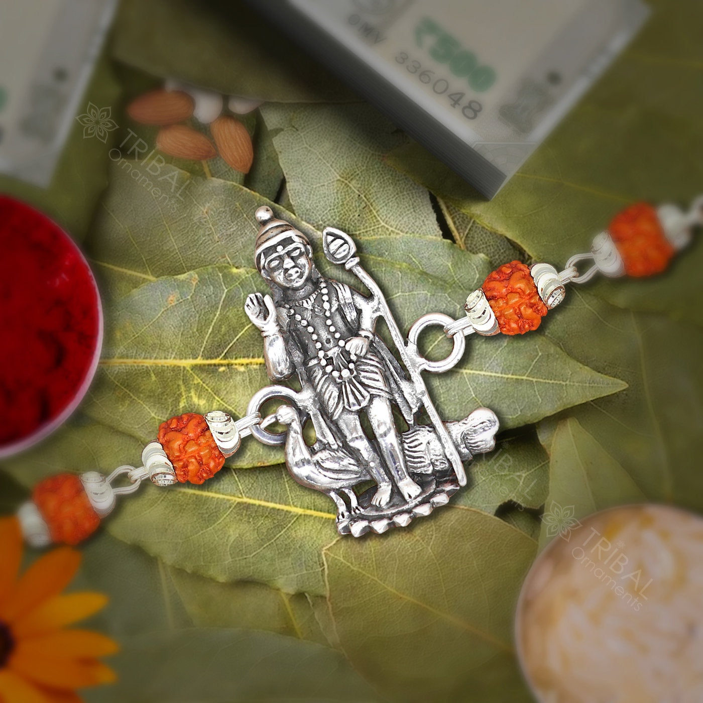 Amazing Stylish lord Kartikeya/Murugun 925 sterling silver rakhi bracelet in rudraksh/black basil/white basil and silver beaded chain rk253 - TRIBAL ORNAMENTS