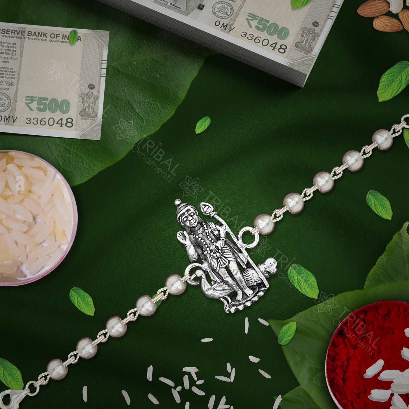 Amazing Stylish lord Kartikeya/Murugun 925 sterling silver rakhi bracelet in rudraksh/black basil/white basil and silver beaded chain rk253 - TRIBAL ORNAMENTS