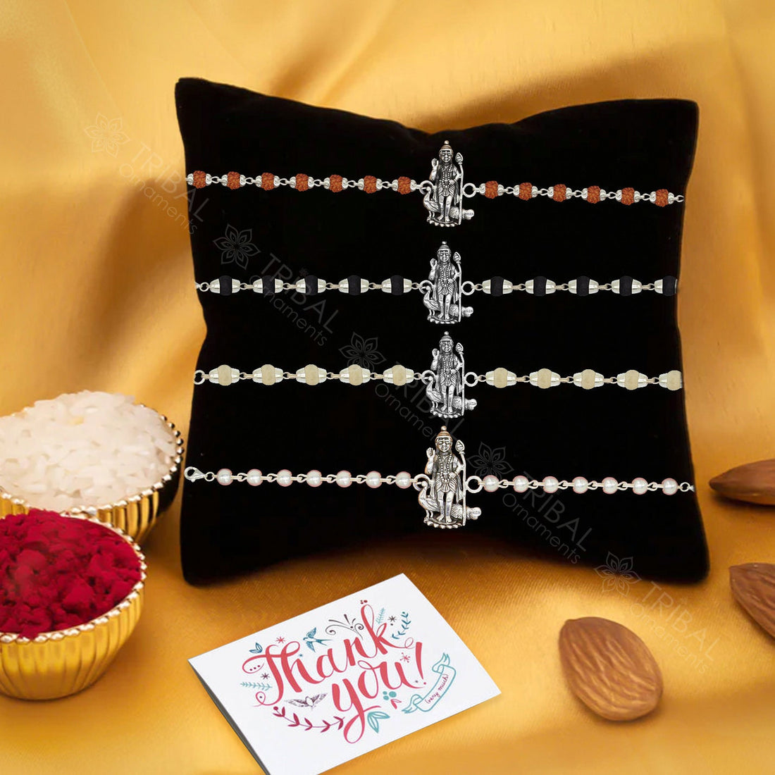 Amazing Stylish lord Kartikeya/Murugun 925 sterling silver rakhi bracelet in rudraksh/black basil/white basil and silver beaded chain rk253 - TRIBAL ORNAMENTS