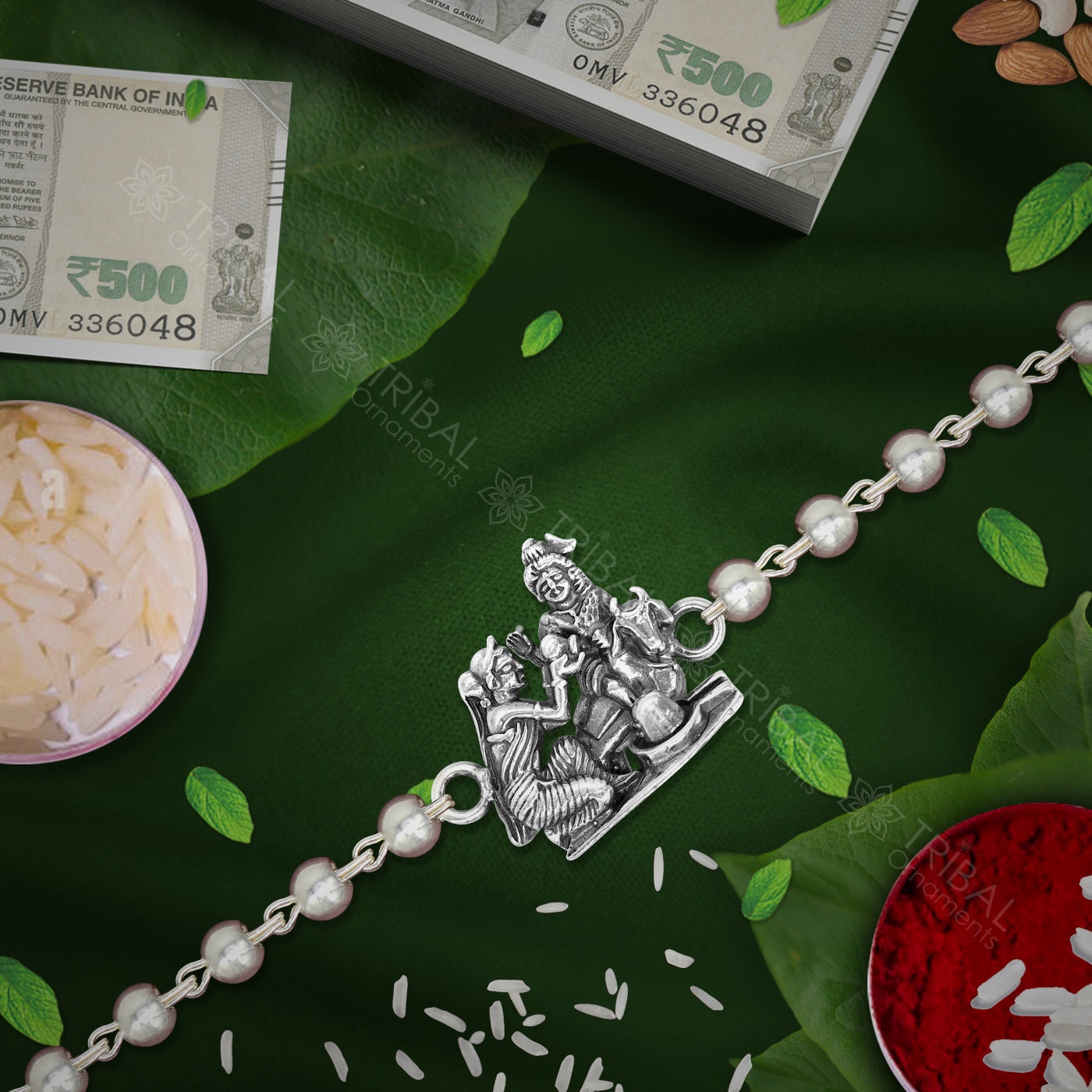 Amazing Stylish lord shiva Darbar 925 sterling silver rakhi bracelet in rudraksh/black basil/white basil and silver beaded chain rk254 - TRIBAL ORNAMENTS