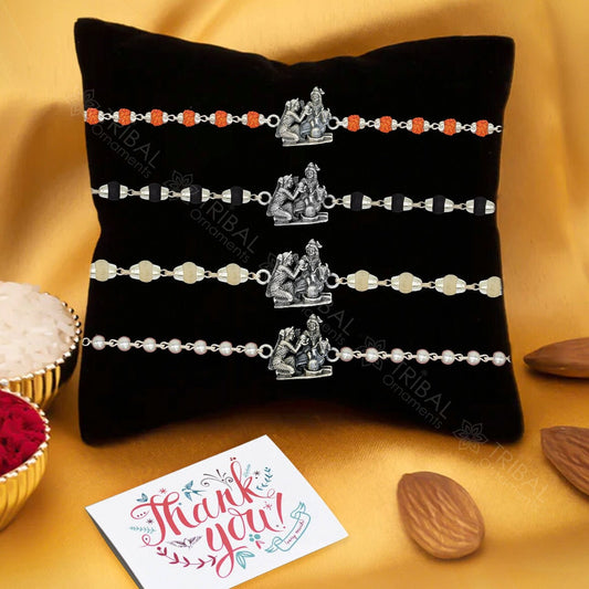 Amazing Stylish lord shiva Darbar 925 sterling silver rakhi bracelet in rudraksh/black basil/white basil and silver beaded chain rk254 - TRIBAL ORNAMENTS