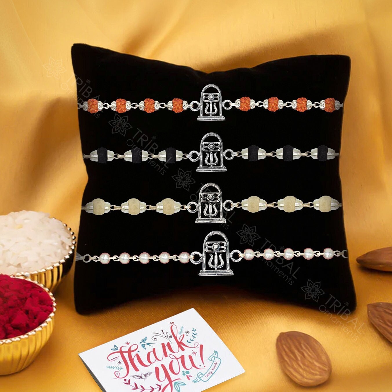 Trendy Unique Stylish lord shiva Lingam 925 sterling silver Rakhi bracelet in rudraksh/black basil/white basil and silver beaded chain rk258 - TRIBAL ORNAMENTS