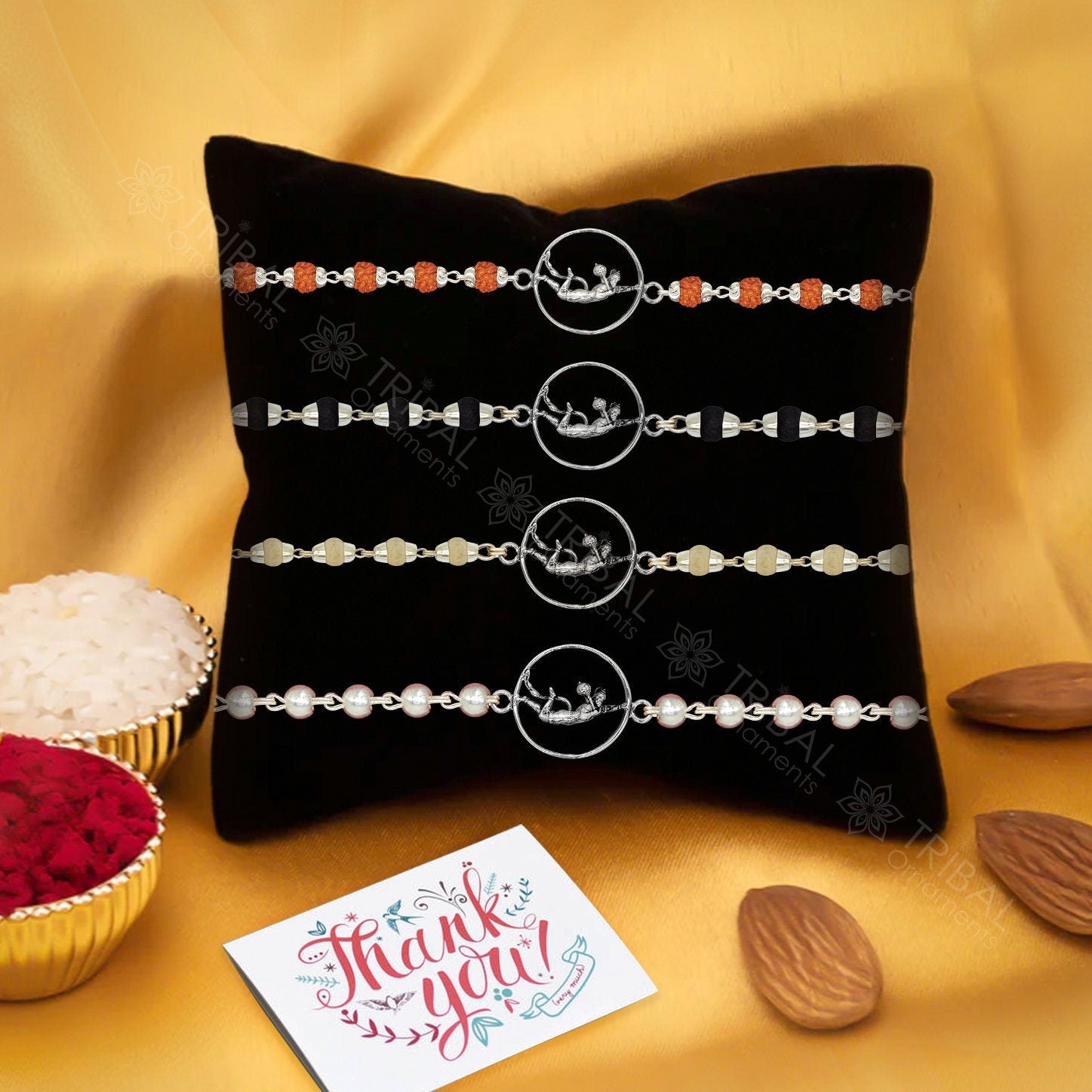 Exclusive design Lord hanuman 925 sterling silver Rakhi bracelet in rudraksh/black basil/white basil and silver beaded chain rk263 - TRIBAL ORNAMENTS