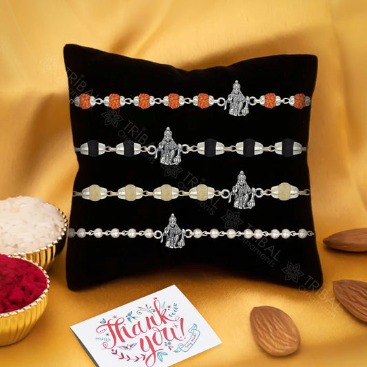 Exclusive style Lord blessing hanuman 925 sterling silver Rakhi bracelet in rudraksh/black basil/white basil and silver beaded chain rk265 - TRIBAL ORNAMENTS
