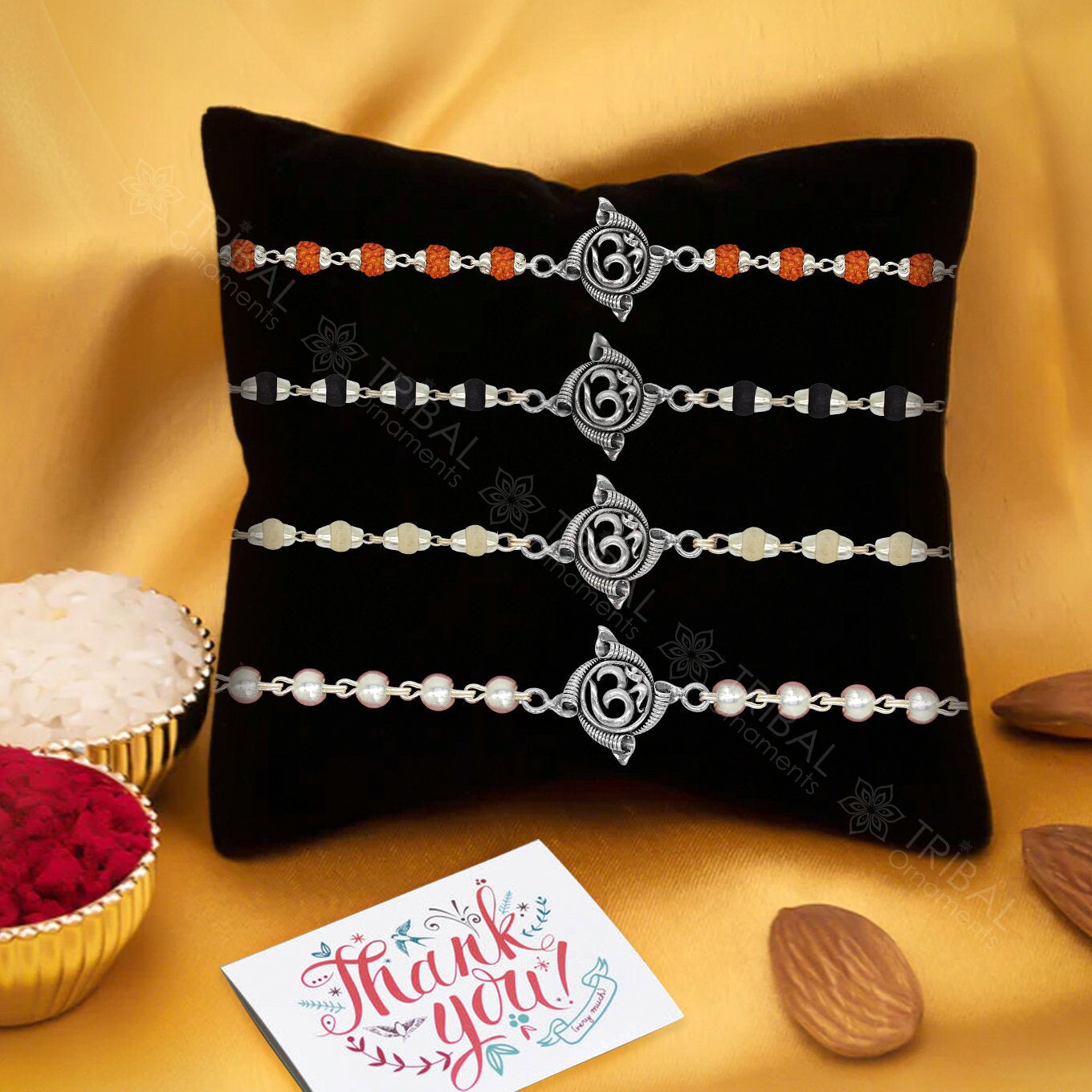 Exclusive style Aum or OM Mantra 925 sterling silver Rakhi bracelet in rudraksh/black basil/white basil and silver beaded chain rk267 - TRIBAL ORNAMENTS