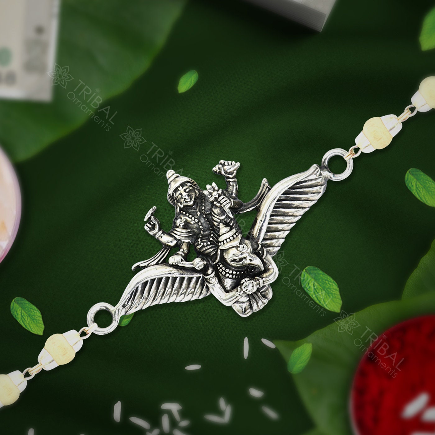 Trendy Lord Garuda fabulous design 925 sterling silver Rakhi bracelet in rudraksh/black basil/white basil and silver beaded chain rk273 - TRIBAL ORNAMENTS