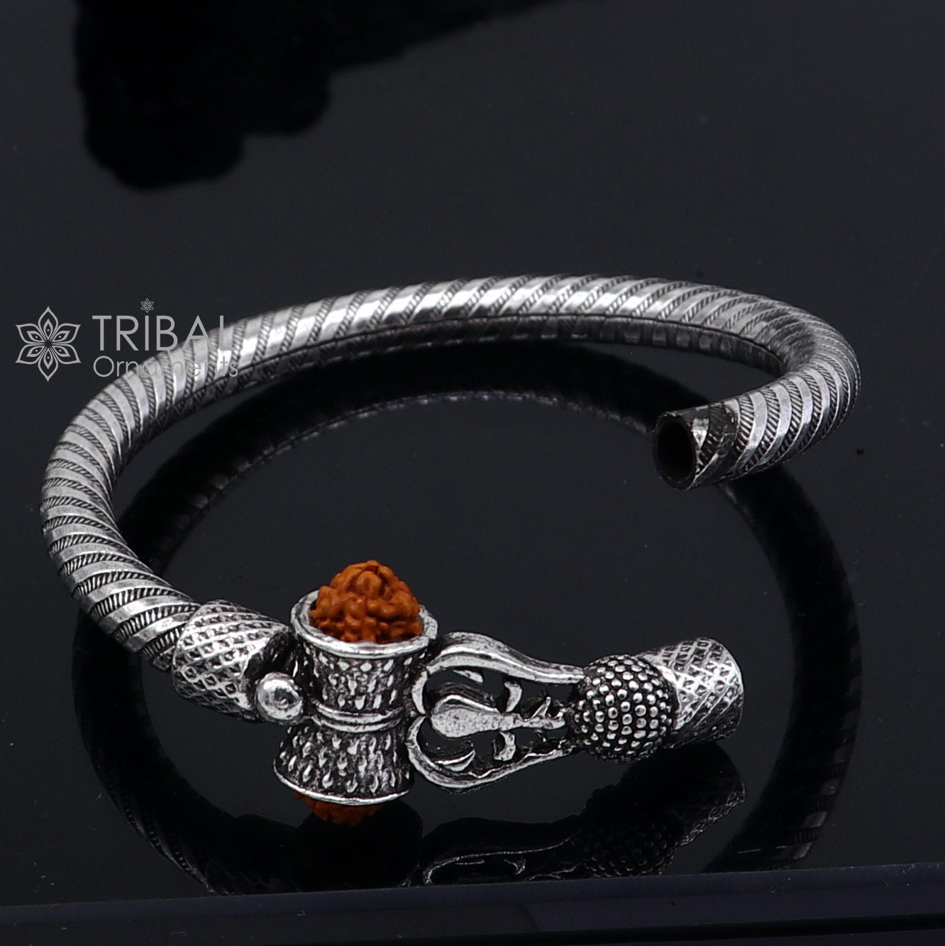 Handmade Sterling silver Lord Shiva Trident Kada Mahakal bracelet, Rudraksh bracelet, customized Babhubali bangle Kada Gifting jewelry nsk703 - TRIBAL ORNAMENTS