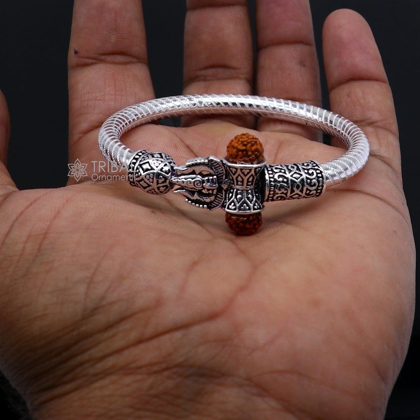 Handmade Sterling silver Lord Shiva Trident Kada Trishul bracelet, Rudraksh bracelet, customized Babhubali bangle Kada Gifting jewelry nsk705 - TRIBAL ORNAMENTS