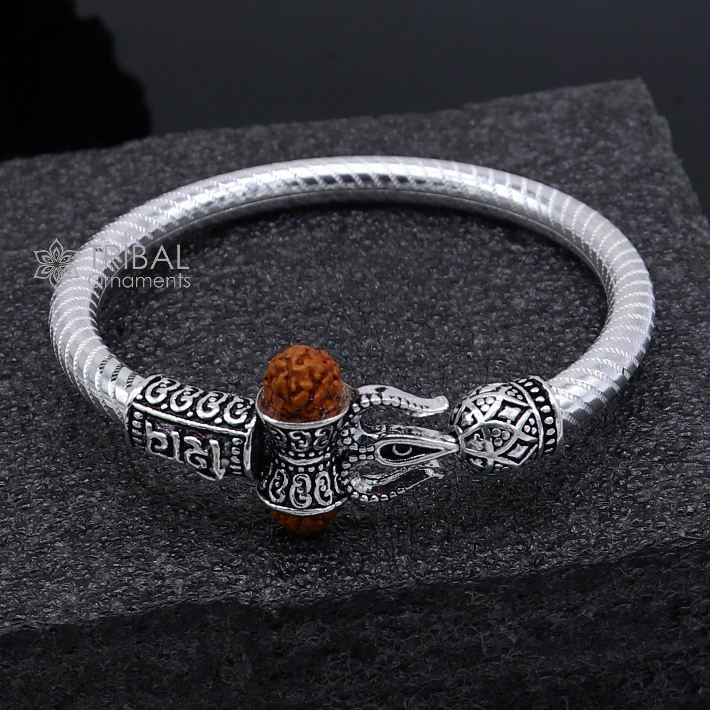 Handmade Sterling silver Lord Shiva Trident Kada Mahakal bracelet, Rudraksh bracelet, Babhubali kada girl's gifting jewelry nsk706 - TRIBAL ORNAMENTS