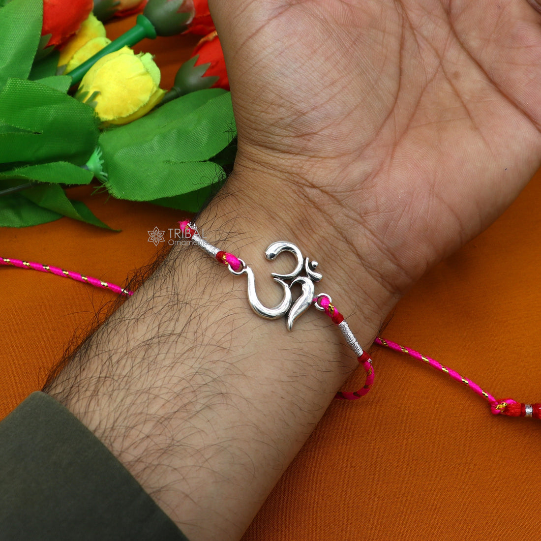 Unique 925 sterling silver handmade Rakhi Bracelet, Exclusive Vintage divine OM Aum design size free rakhi Bracelet for Rakshabandhan rk291 - TRIBAL ORNAMENTS