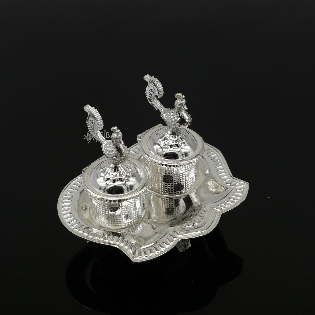 925 sterling silver handmade fabulous peacock design combo of two trinket box for kumkum sindur abil gulal rice best puja article stb826 - TRIBAL ORNAMENTS