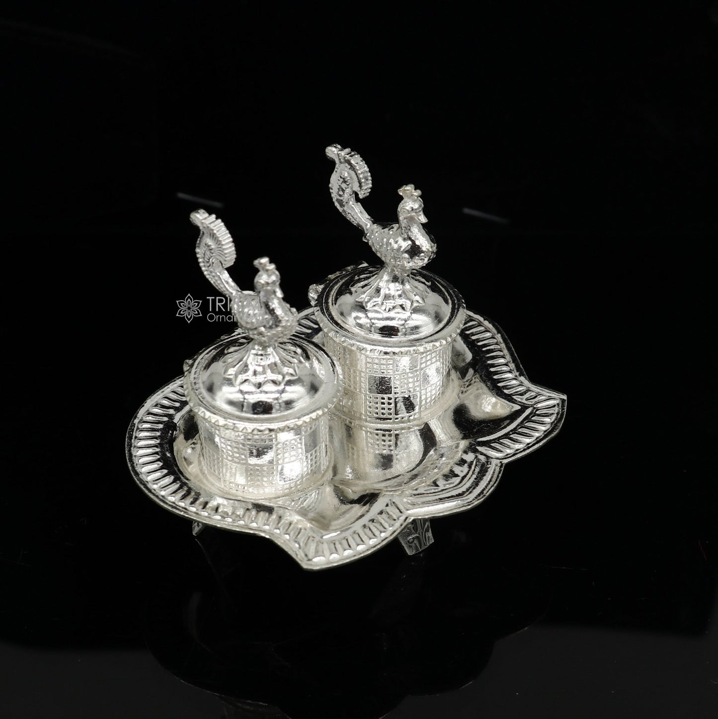 925 sterling silver handmade fabulous peacock design combo of two trinket box for kumkum sindur abil gulal rice best puja article stb826 - TRIBAL ORNAMENTS