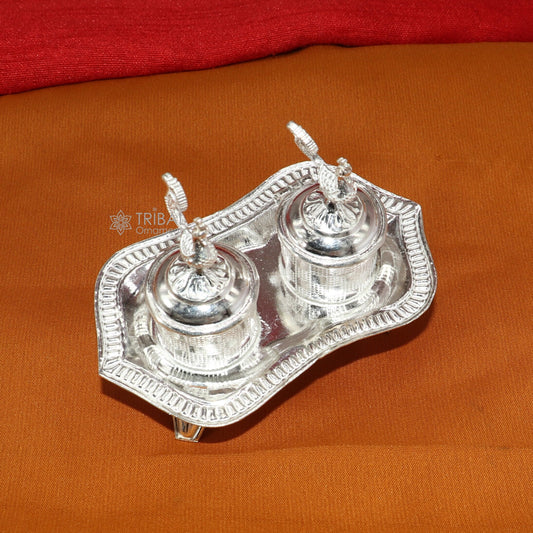 925 sterling silver handmade fabulous peacock design combo of two trinket box for kumkum sindur abil gulal rice best puja article stb827 - TRIBAL ORNAMENTS