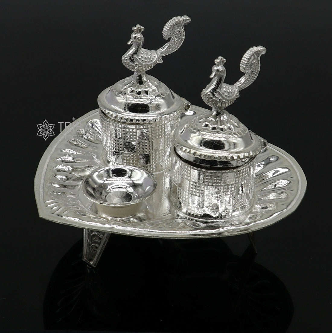 925 sterling silver handmade fabulous peacock design combo of two trinket box for kumkum sindur abil gulal rice best puja article stb828 - TRIBAL ORNAMENTS