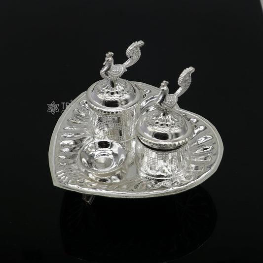 925 sterling silver handmade fabulous peacock design combo of two trinket box for kumkum sindur abil gulal rice best puja article stb828 - TRIBAL ORNAMENTS