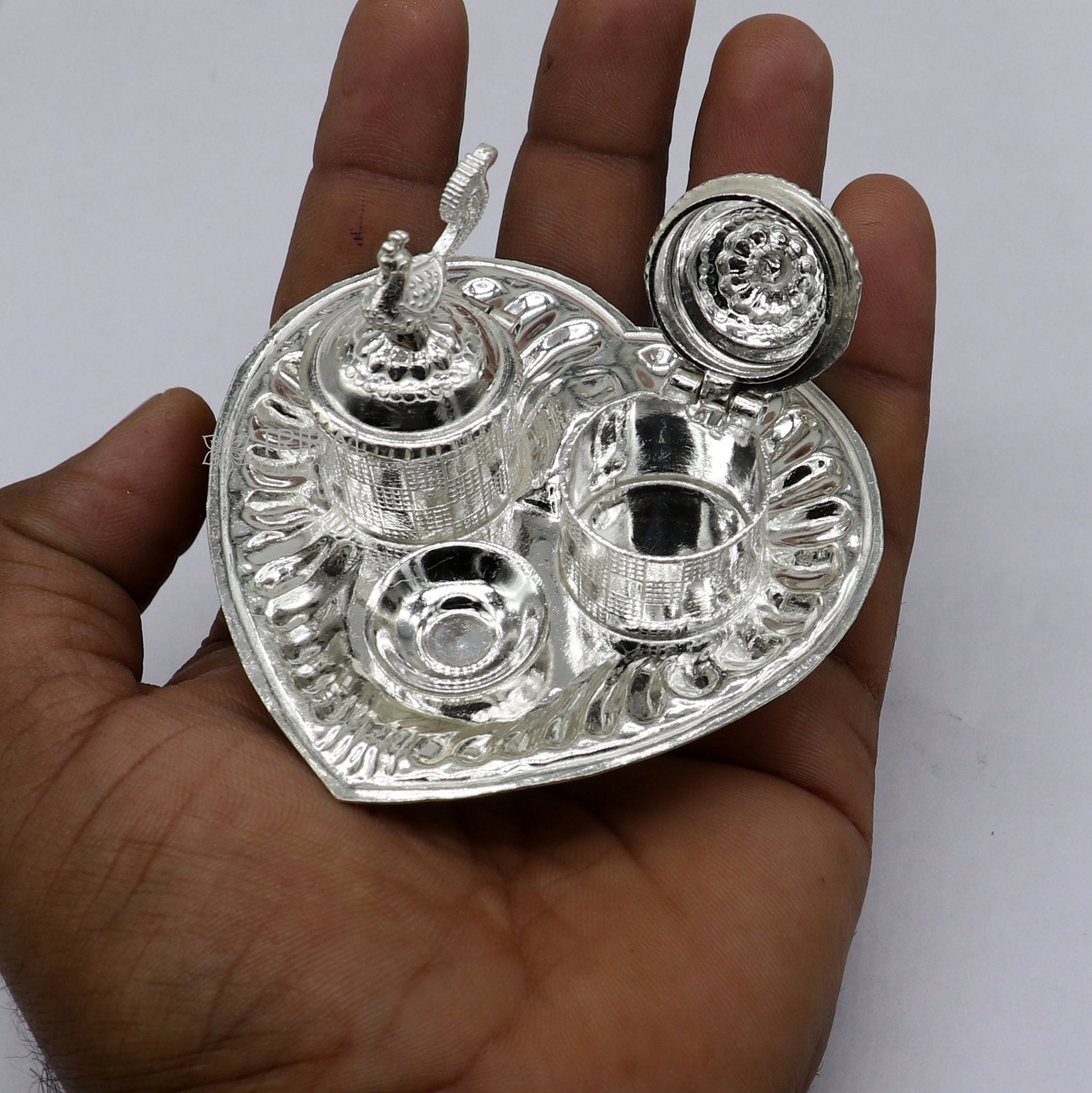 925 sterling silver handmade fabulous peacock design combo of two trinket box for kumkum sindur abil gulal rice best puja article stb828 - TRIBAL ORNAMENTS