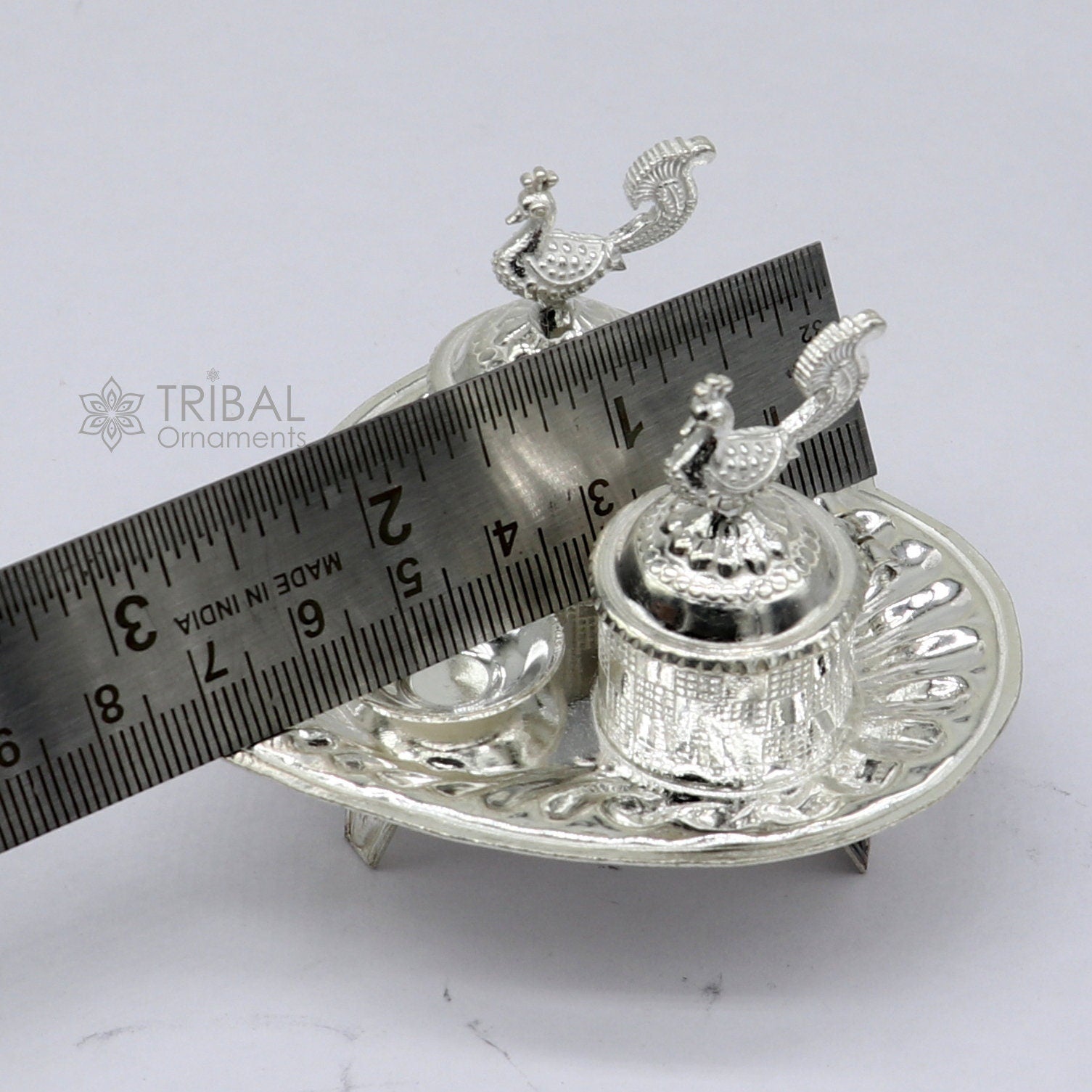 925 sterling silver handmade fabulous peacock design combo of two trinket box for kumkum sindur abil gulal rice best puja article stb828 - TRIBAL ORNAMENTS