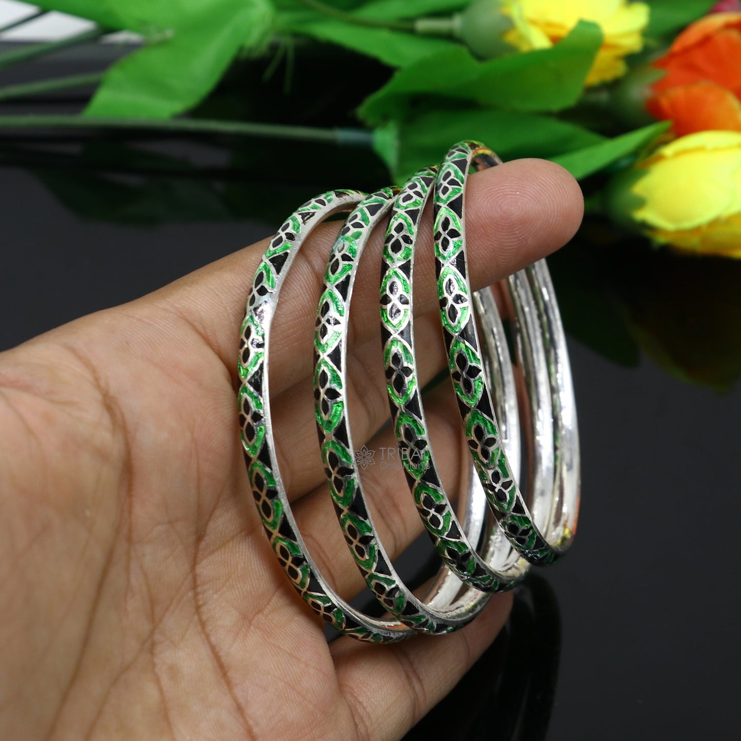 925 Sterling silver handmade amazing meenakari (multi color enamel )bangle bracelet floral design Cultural trendy style jewelry nba368 - TRIBAL ORNAMENTS