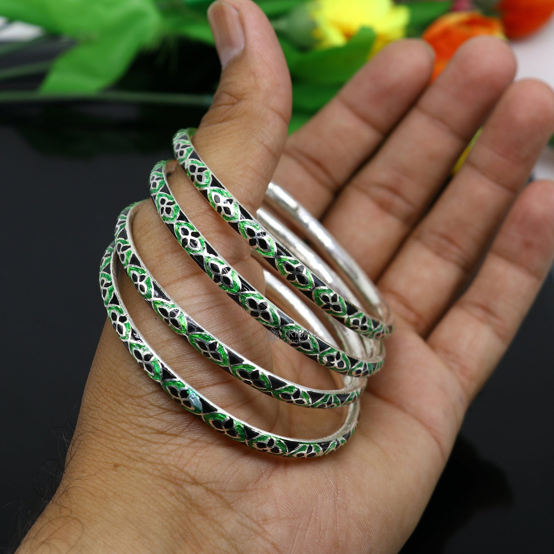 925 Sterling silver handmade amazing meenakari (multi color enamel )bangle bracelet floral design Cultural trendy style jewelry nba368 - TRIBAL ORNAMENTS