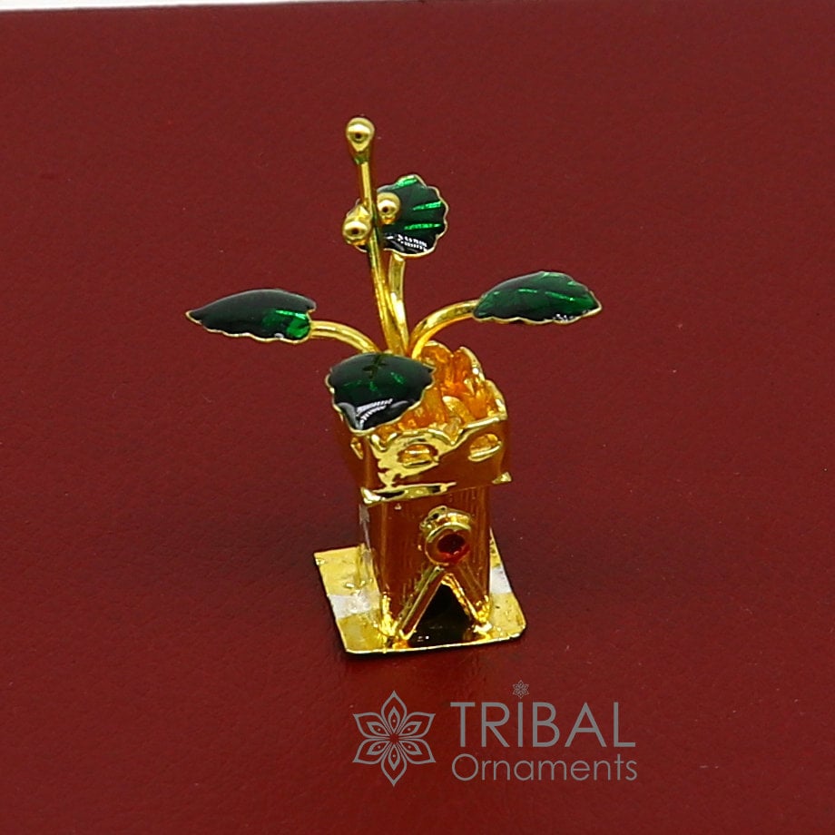 Gold polished over 925 sterling silver handmade mini tulsi plant basil rosary plant for puja article, silver worshiping article su1140 - TRIBAL ORNAMENTS