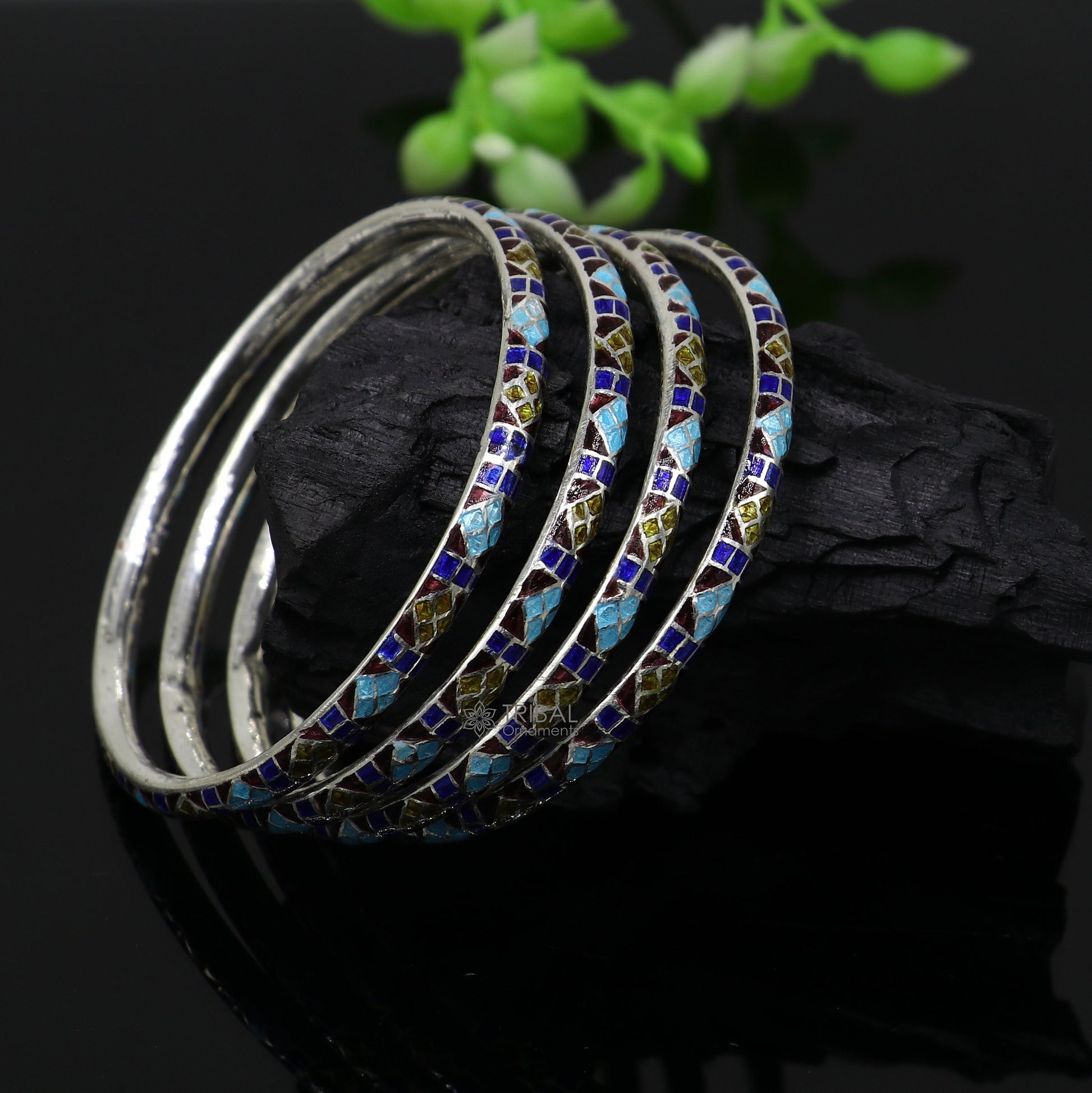 New fancy 925 Sterling silver Traditional cultural design meenakari (color enamel )bangles bracelet trendy style jewelry from india nba376 - TRIBAL ORNAMENTS