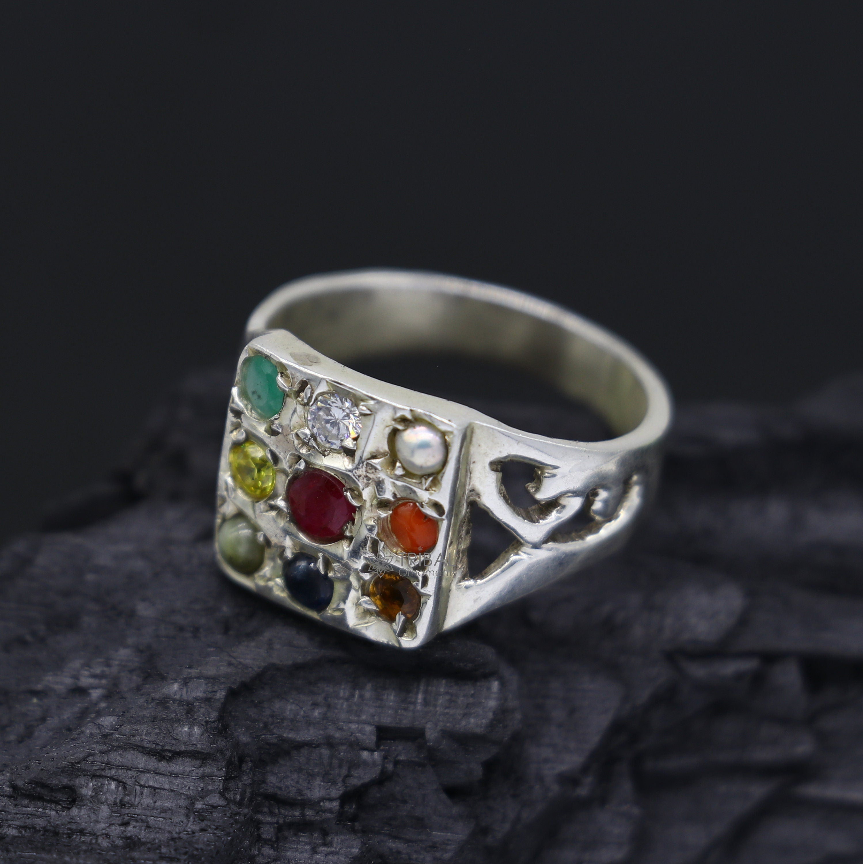925 sterling silver customized Navratan stone ring fabulous stylish design  9 stone pendant tribal ethnic unisex jewelry sr370 | TRIBAL ORNAMENTS