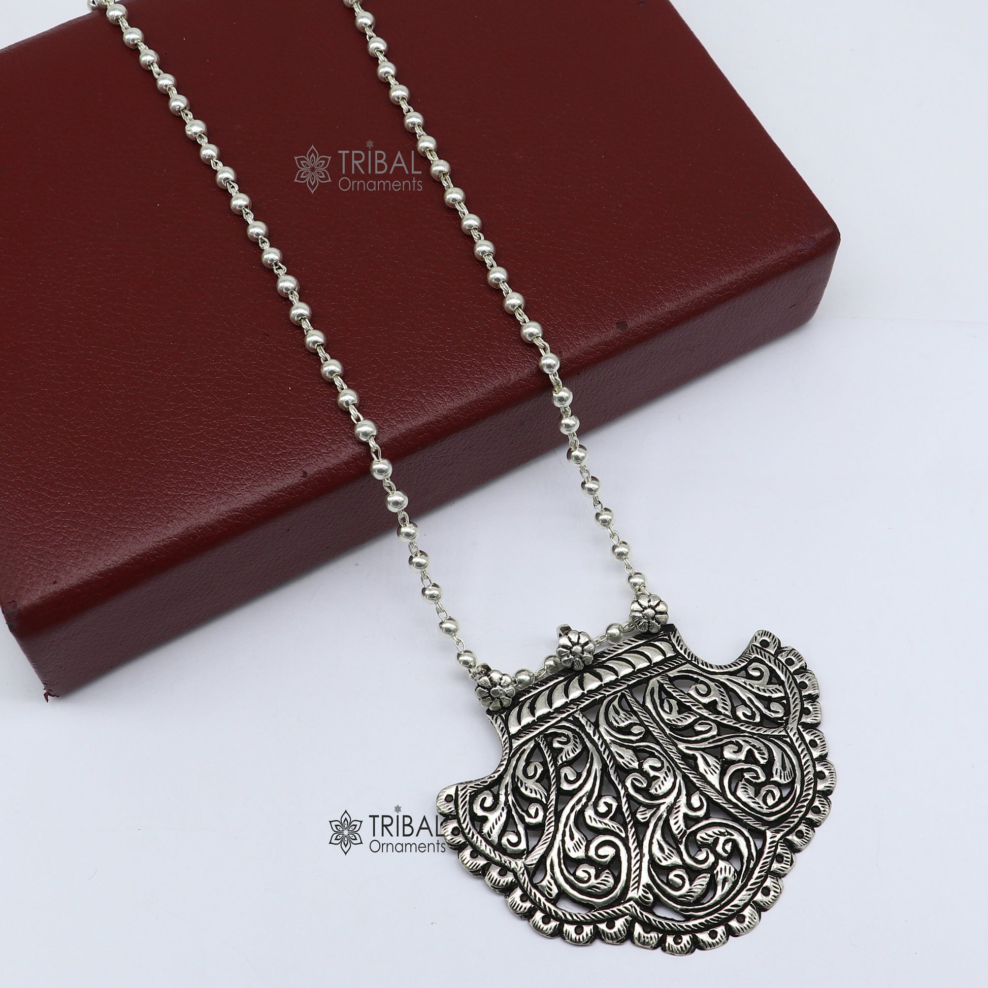 30" long beaded chain Traditional cultural trendy style 925 sterling silver pendant necklace best brides tribal ethnic jewelry  set631 - TRIBAL ORNAMENTS