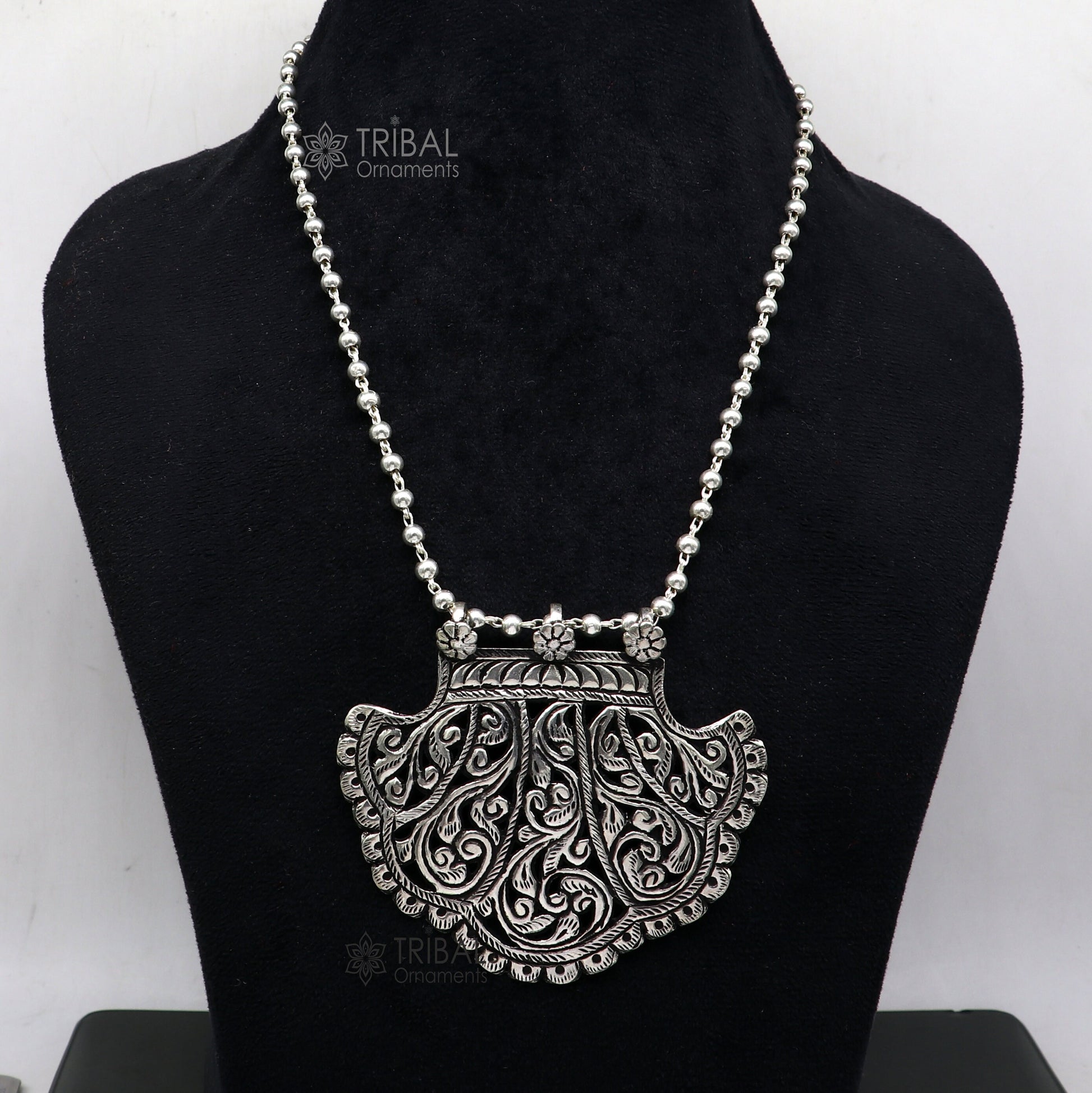 30" long beaded chain Traditional cultural trendy style 925 sterling silver pendant necklace best brides tribal ethnic jewelry  set632 - TRIBAL ORNAMENTS