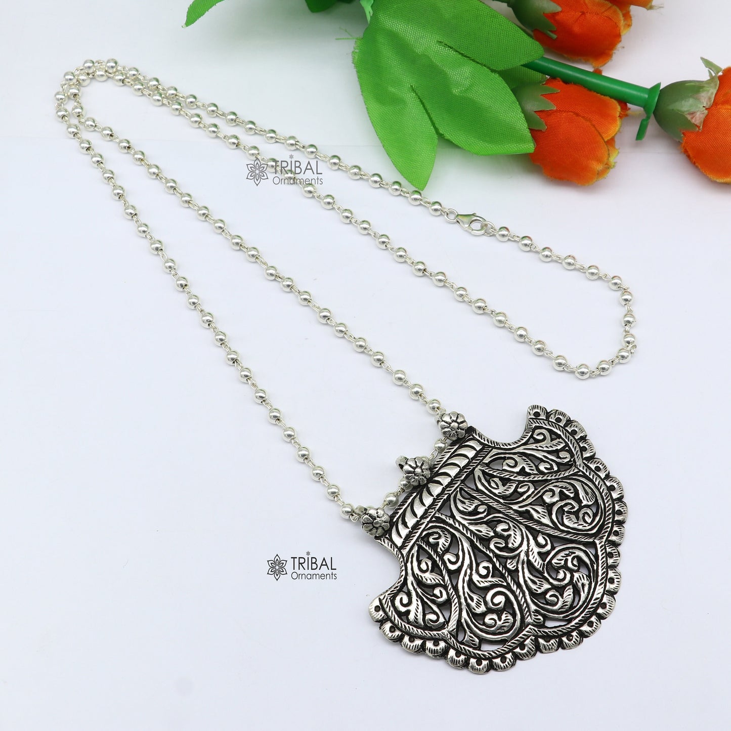 30" long beaded chain Traditional cultural trendy style 925 sterling silver pendant necklace best brides tribal ethnic jewelry  set632 - TRIBAL ORNAMENTS