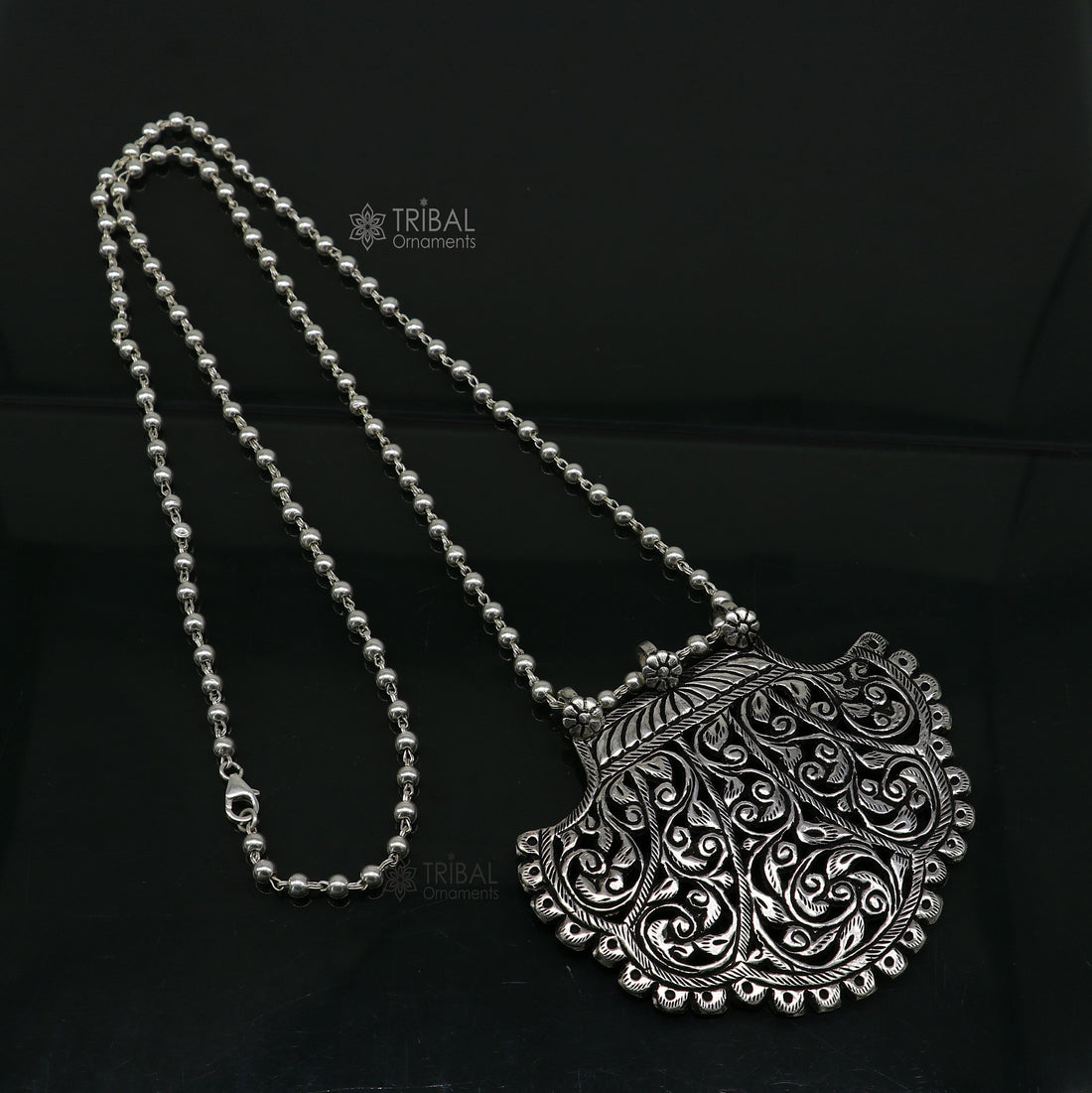 30" long beaded chain Traditional cultural trendy style 925 sterling silver pendant necklace best brides tribal ethnic jewelry  set632 - TRIBAL ORNAMENTS