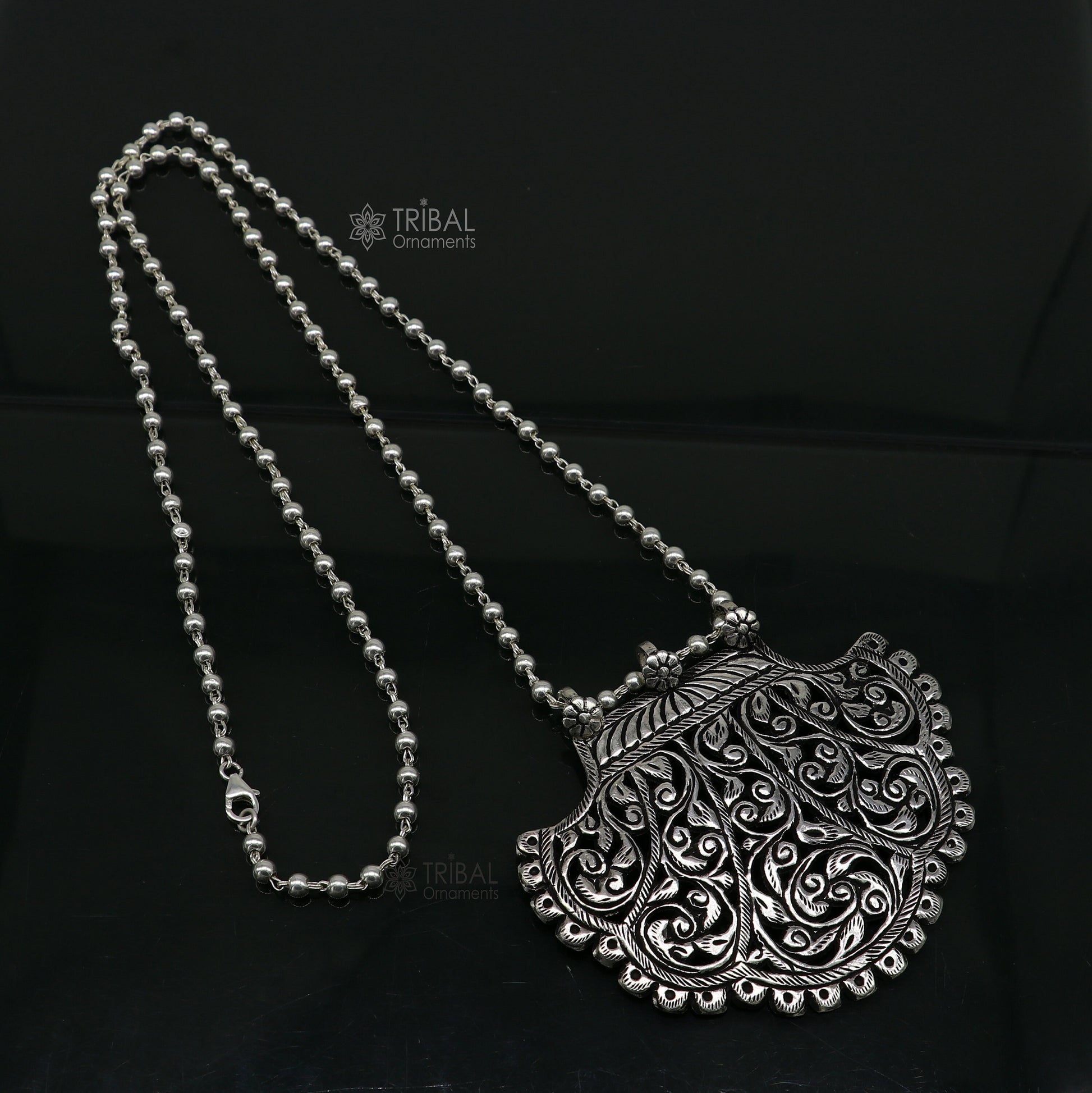 30" long beaded chain Traditional cultural trendy style 925 sterling silver pendant necklace best brides tribal ethnic jewelry  set632 - TRIBAL ORNAMENTS