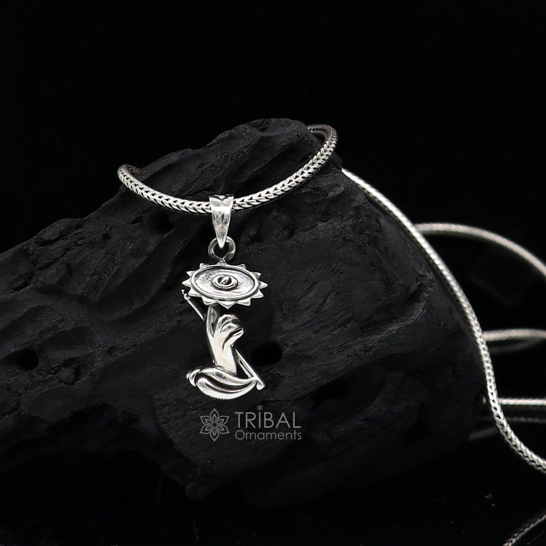 925 sterling silver divine Lord Krishna Sudarshan Chakra flute and Shankh combo pendant, silver unique god pendant necklace jewelry nsp649 - TRIBAL ORNAMENTS