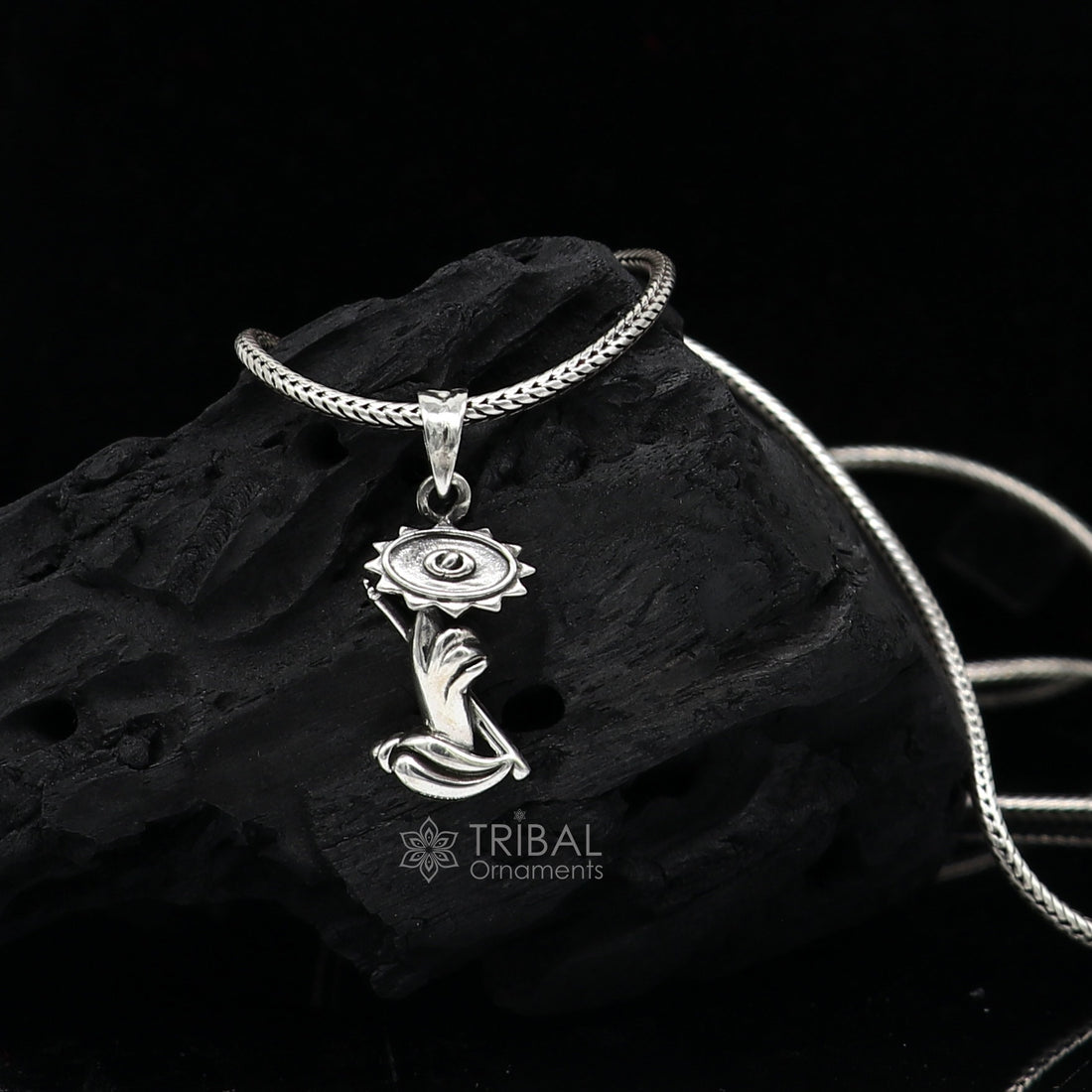 925 sterling silver divine Lord Krishna Sudarshan Chakra flute and Shankh combo pendant, silver unique god pendant necklace jewelry nsp649 - TRIBAL ORNAMENTS