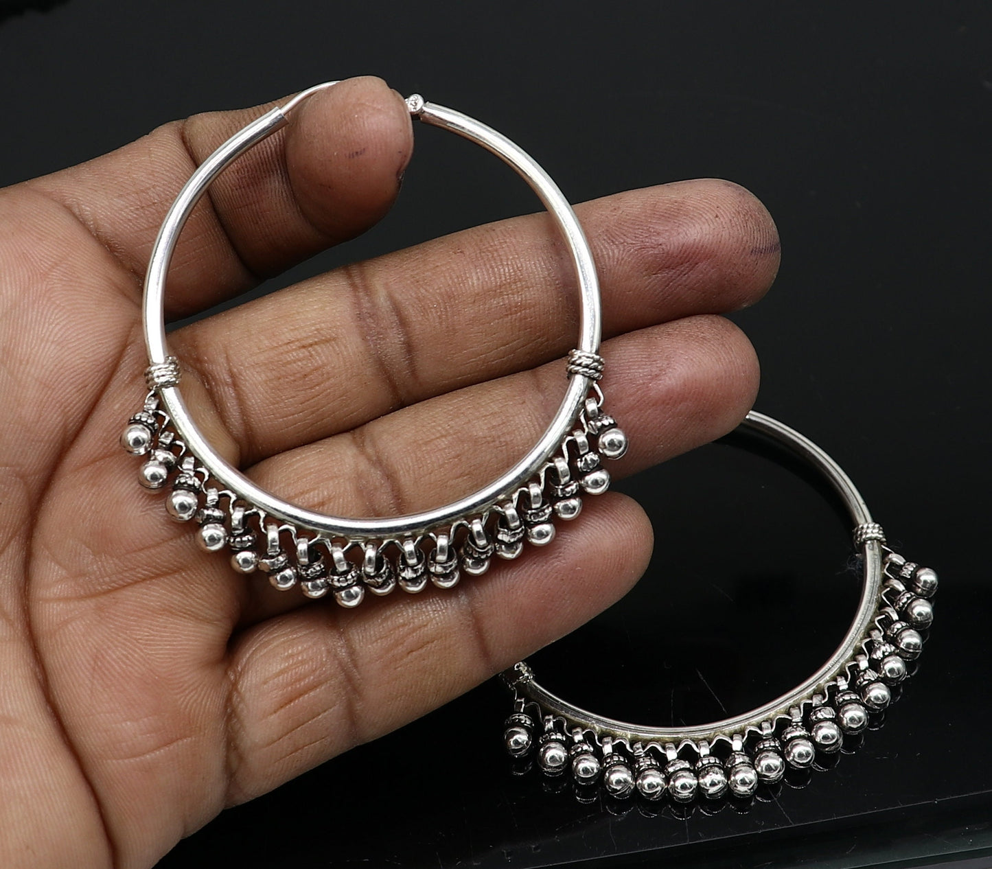 925 sterling silver handmade hoop earring, fabulous Bali, hanging bells, hook, hoop gifting gorgeous tribal customized jewelry s1201 - TRIBAL ORNAMENTS