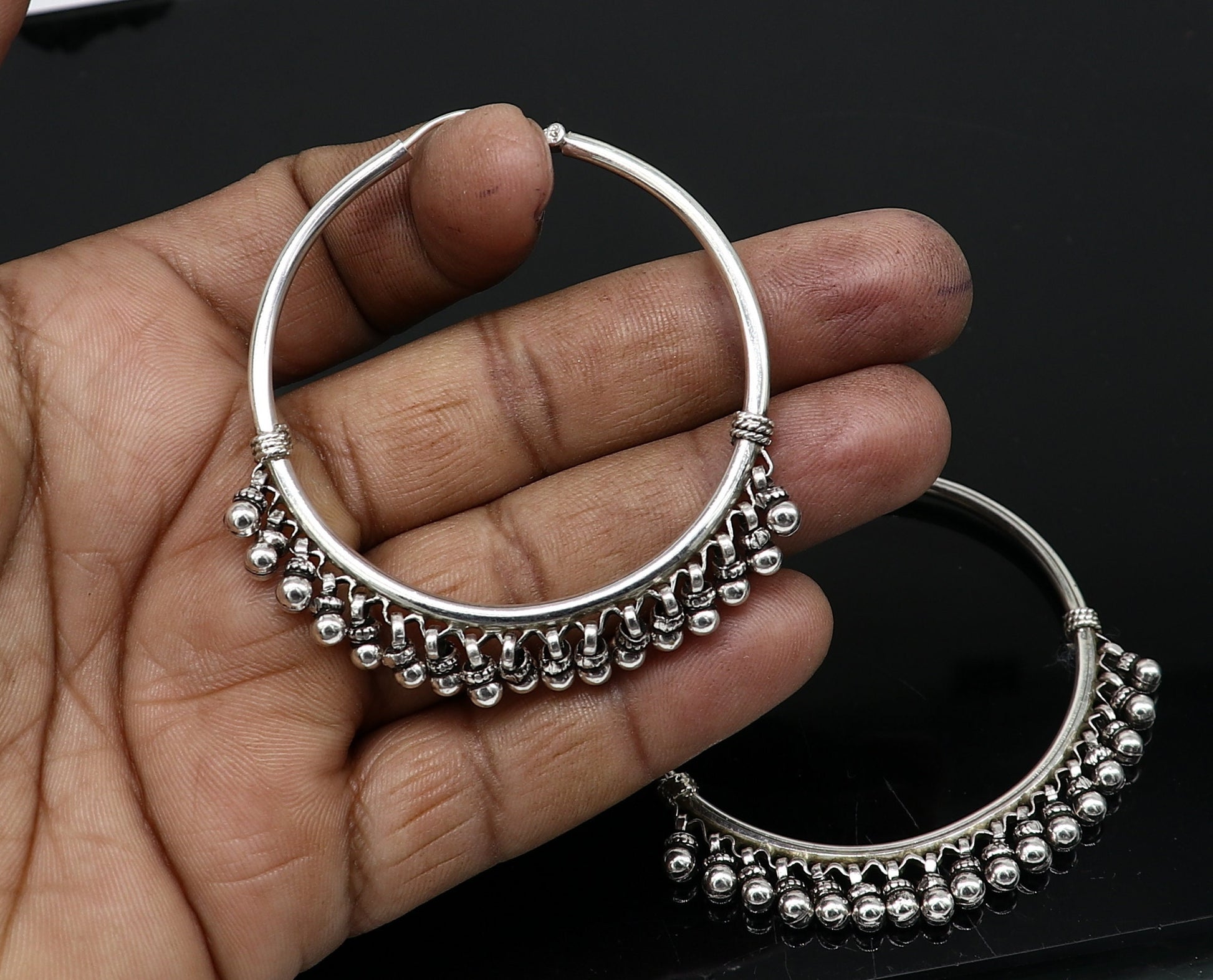 925 sterling silver handmade hoop earring, fabulous Bali, hanging bells, hook, hoop gifting gorgeous tribal customized jewelry s1201 - TRIBAL ORNAMENTS