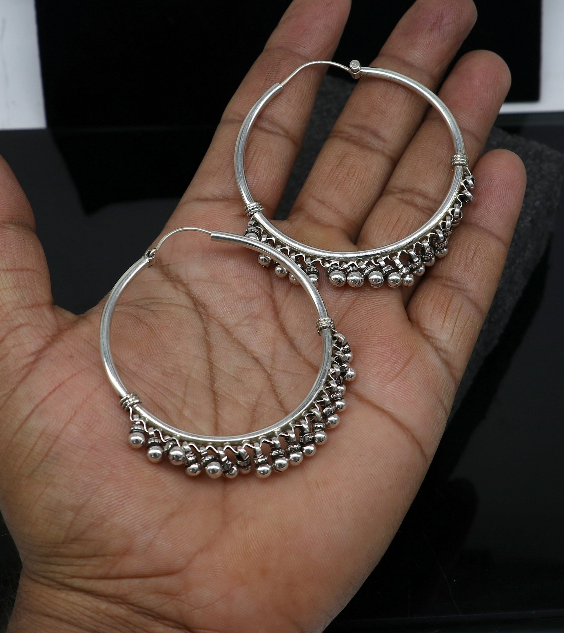 925 sterling silver handmade hoop earring, fabulous Bali, hanging bells, hook, hoop gifting gorgeous tribal customized jewelry s1201 - TRIBAL ORNAMENTS