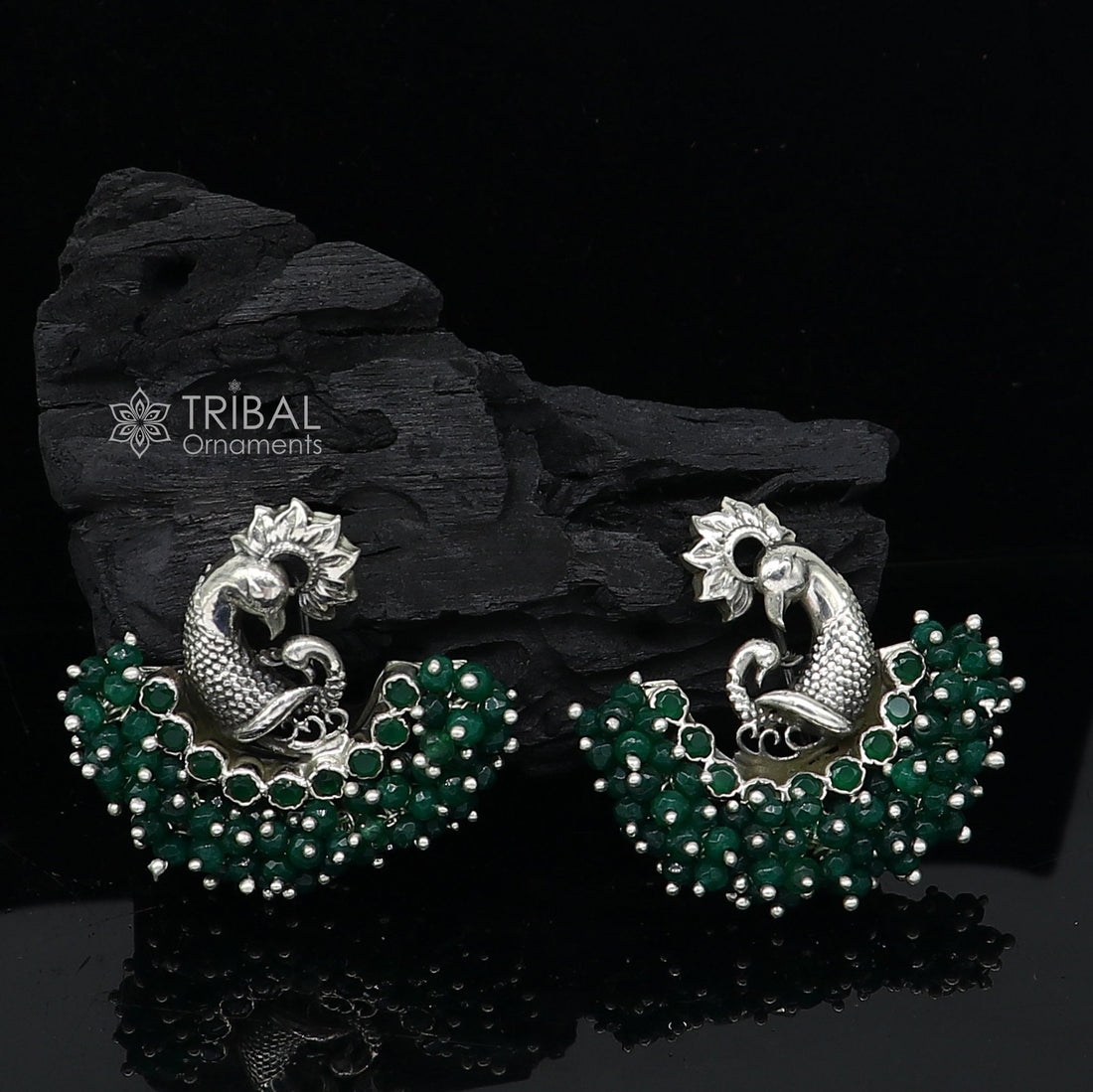 925 sterling silver handmade Stylish peacock design green stone stud earring fabulous hanging pearls guttapusalu jewelry s1203 - TRIBAL ORNAMENTS