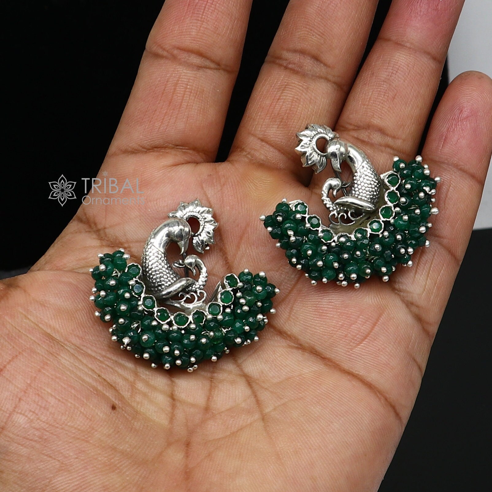 925 sterling silver handmade Stylish peacock design green stone stud earring fabulous hanging pearls guttapusalu jewelry s1203 - TRIBAL ORNAMENTS