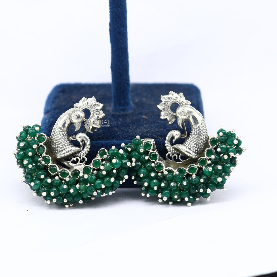 925 sterling silver handmade Stylish peacock design green stone stud earring fabulous hanging pearls guttapusalu jewelry s1203 - TRIBAL ORNAMENTS