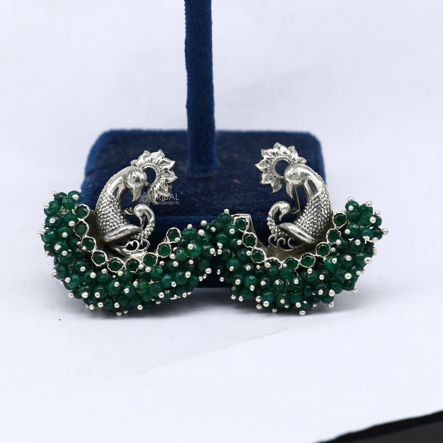 925 sterling silver handmade Stylish peacock design green stone stud earring fabulous hanging pearls guttapusalu jewelry s1203 - TRIBAL ORNAMENTS