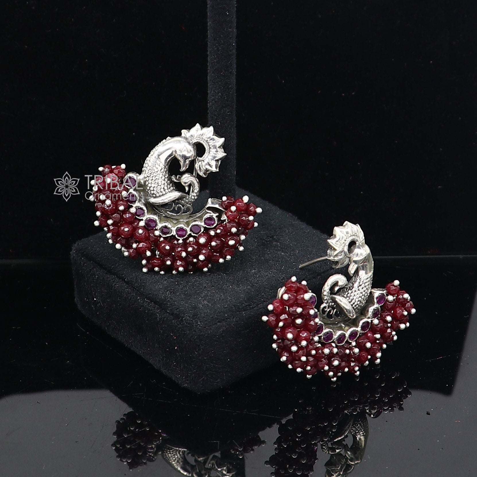 925 sterling silver handmade Stylish peacock design red stone stud earring fabulous hanging pearls guttapusalu jewelry s1204 - TRIBAL ORNAMENTS