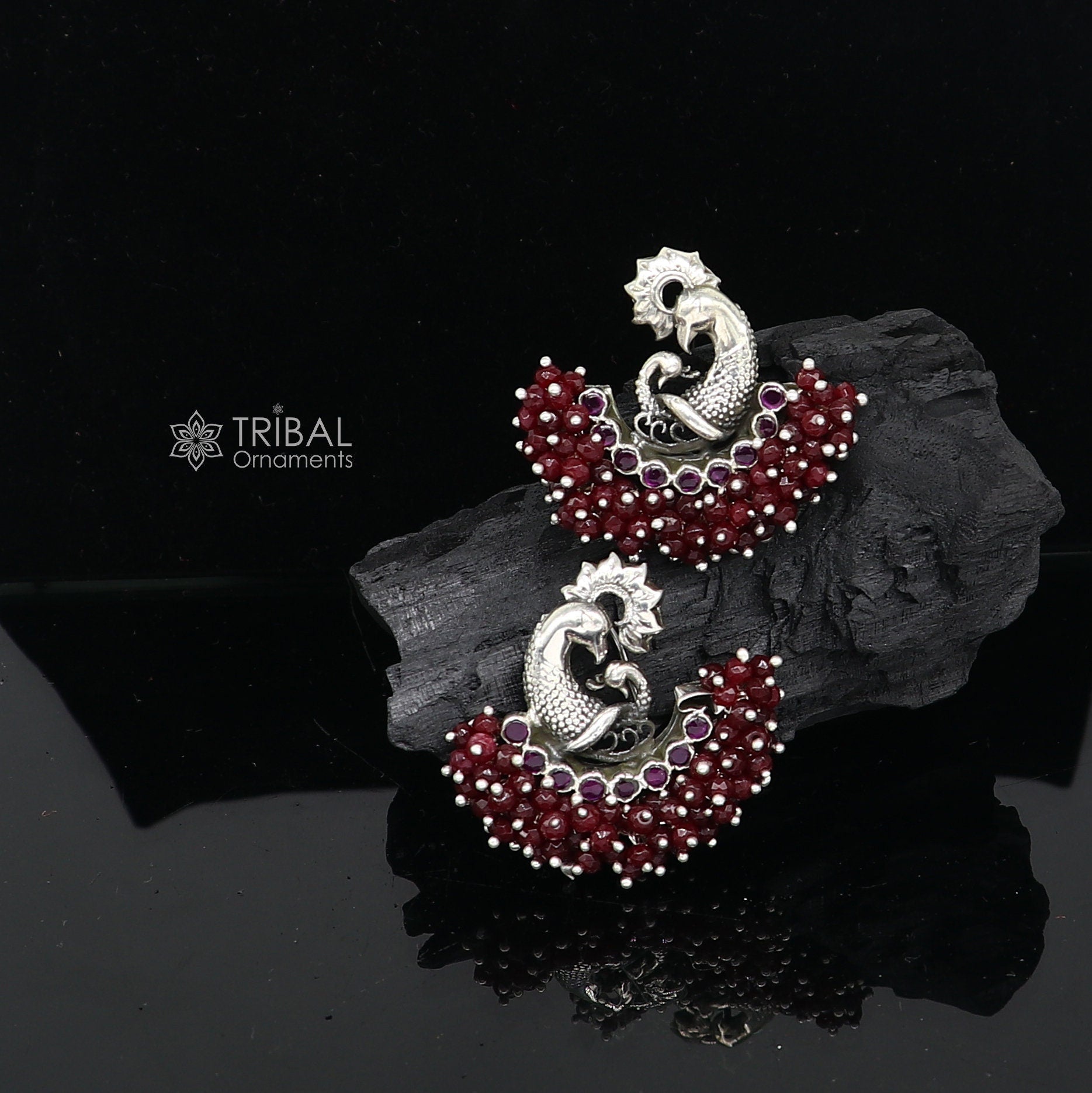 925 sterling silver handmade Stylish peacock design red stone stud earring fabulous hanging pearls guttapusalu jewelry s1204 - TRIBAL ORNAMENTS