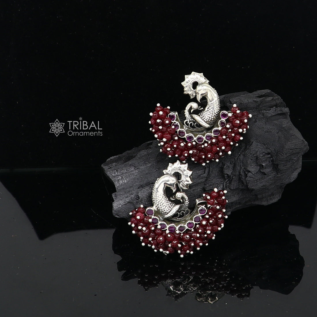 925 sterling silver handmade Stylish peacock design red stone stud earring fabulous hanging pearls guttapusalu jewelry s1204 - TRIBAL ORNAMENTS